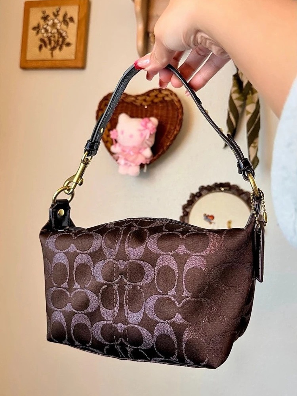 Coach Signature Jacquard Demi Pouch Shoulder Bag Dark Brow/ Purple